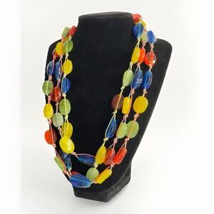 Hand Knotted Multicolor Glass Bead Necklace Artisan Boho Adjustable 20" - 23"